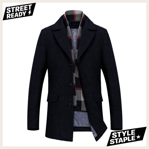 Men's Wool Blend Trench Coat with Detachable Scarf Windproof Overcoat